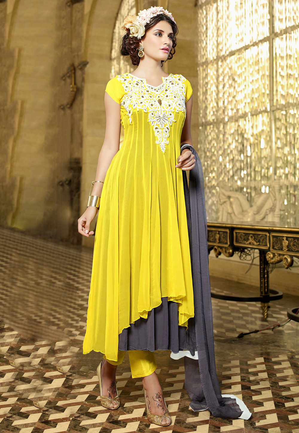 embroidered georgette double layered anarkali suit in yellow