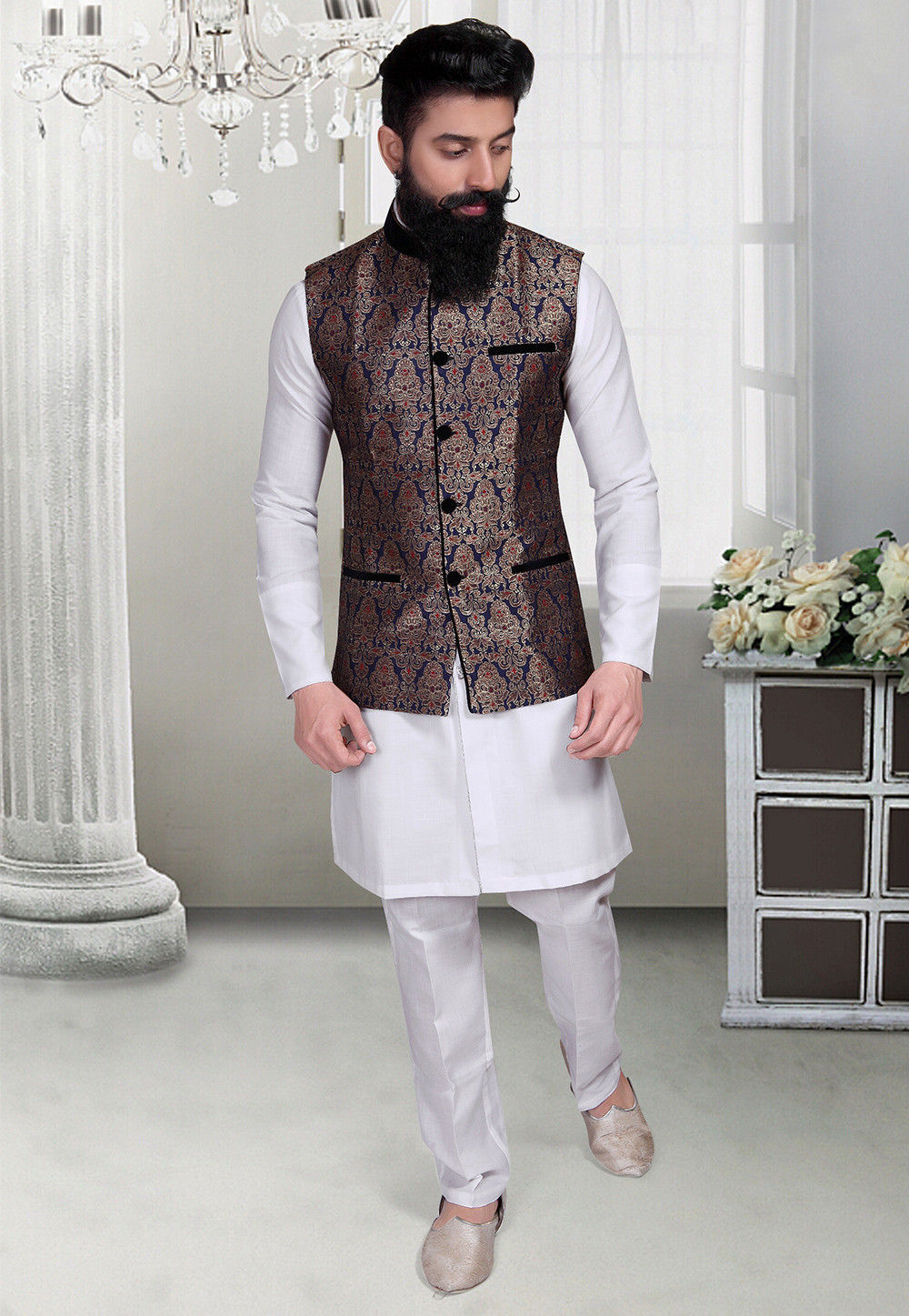 brocade-nehru-jacket-in-royal-blue-and-golden- Utsav Fashion Blog