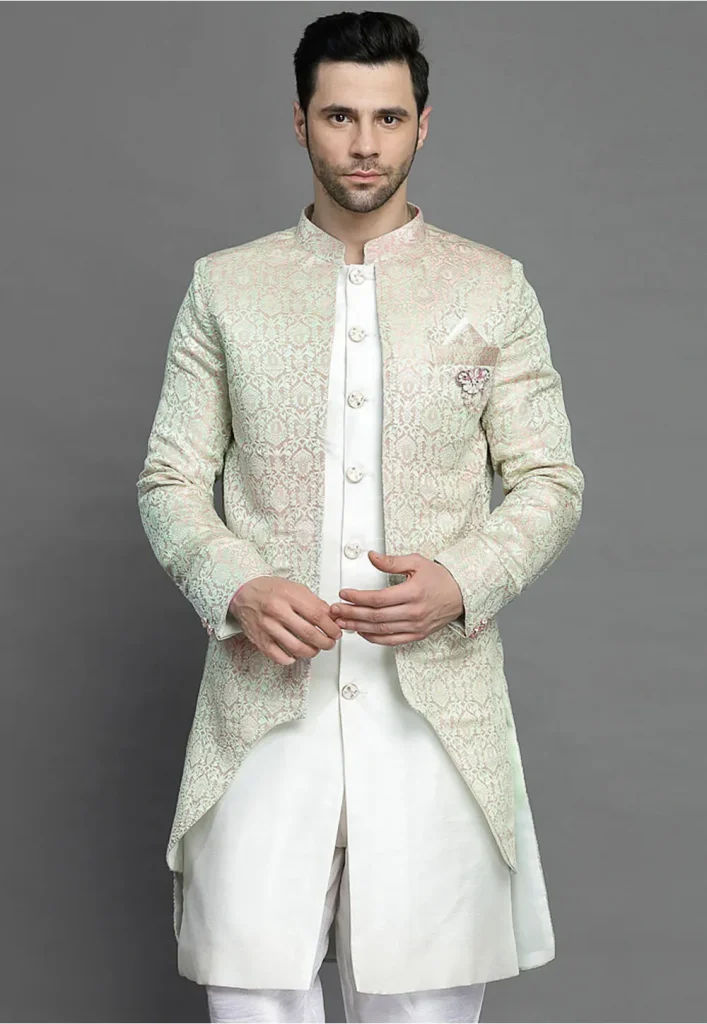 Brocade layered sherwani in grey