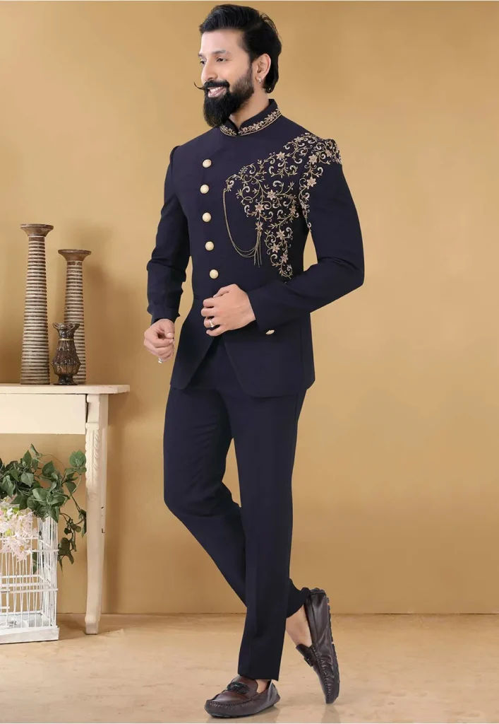 embroidered terry rayon jodhpuri suit in navy blue v1 muy406