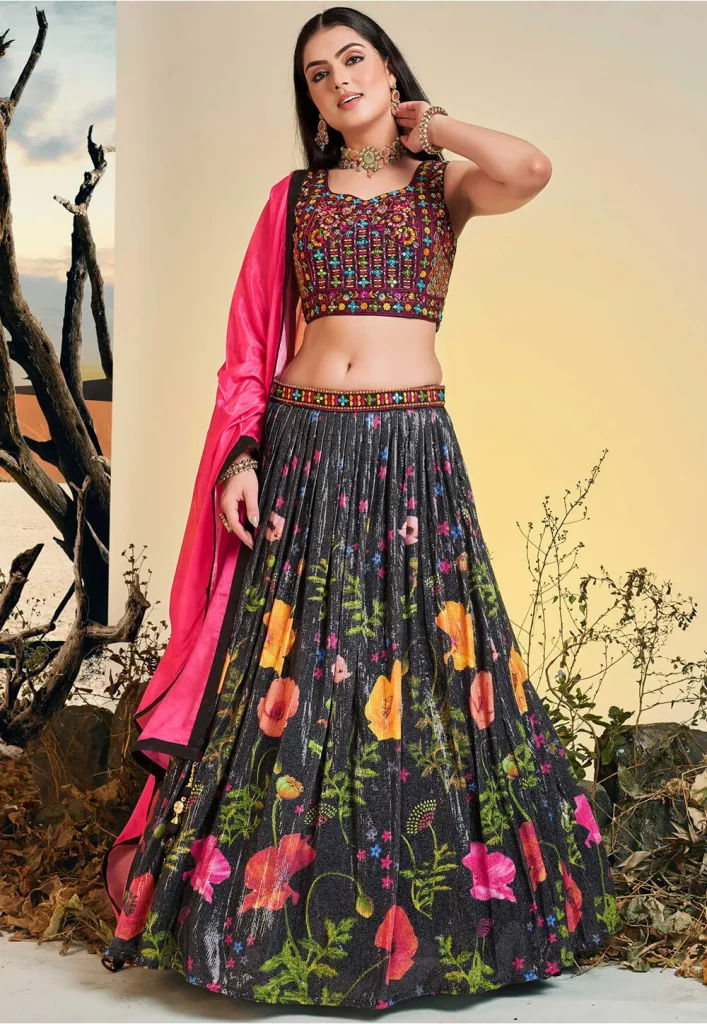 Black Floral Lehenga Choli with Ruffled Blouse design - Dress me Royal