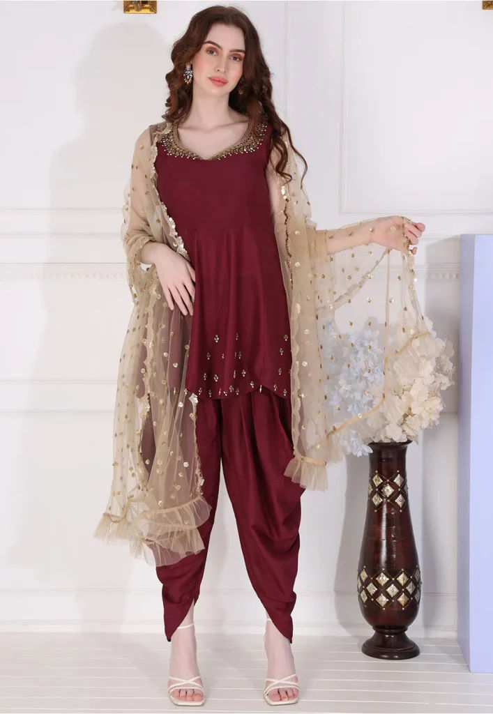 Plum Red Designer Embroidered Tussar Silk Salwar Suits Online Shopping
