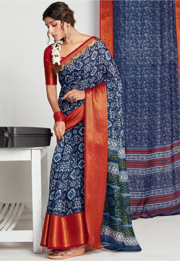 Digital Printed Chanderi Cotton Saree in Navy Blue