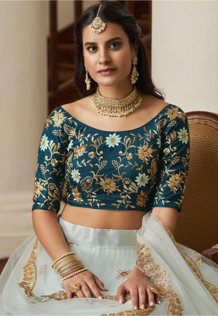 Shloka Khialani | Lengha blouse designs, Light blue lehenga, Indian prom  dresses