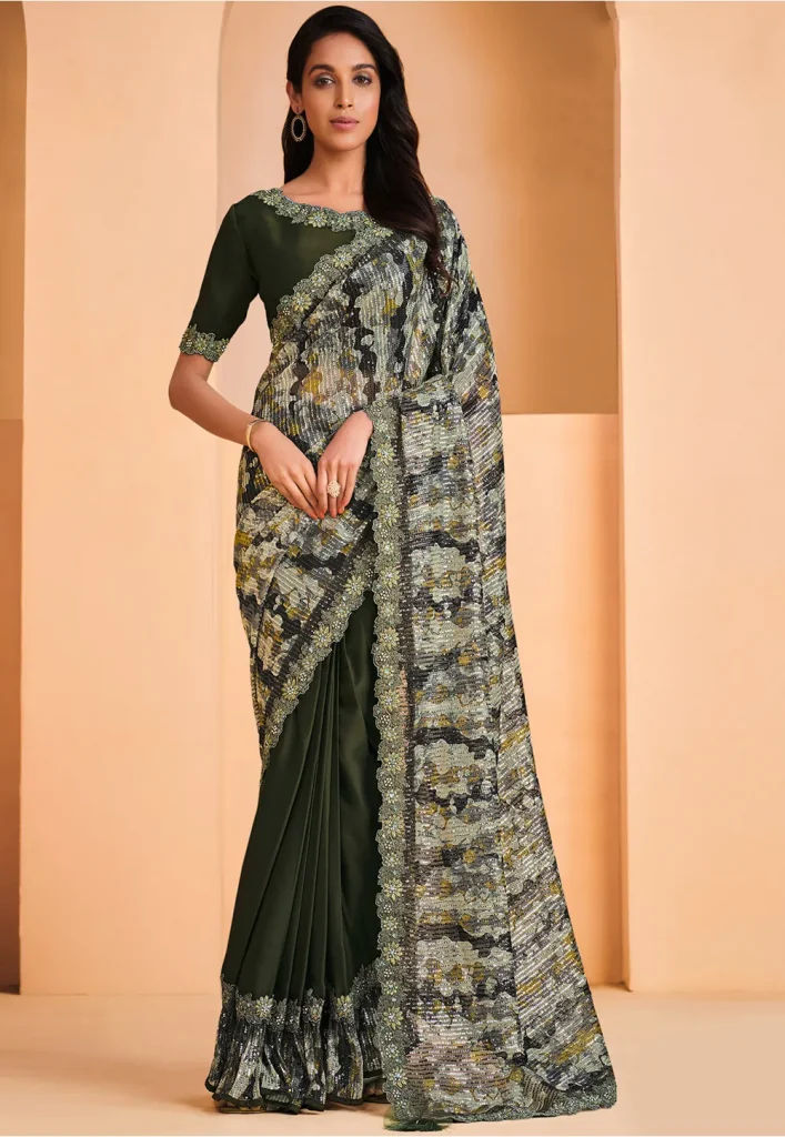 Half N Half Net Saree in Olive Green