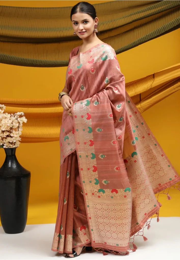 Woven Tussar Silk Saree in Peach