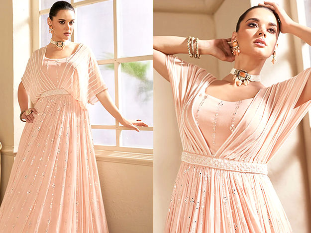 Dusty Pink Gown with Silver Work in Long Fitted Bodice – Panache Haute  Couture