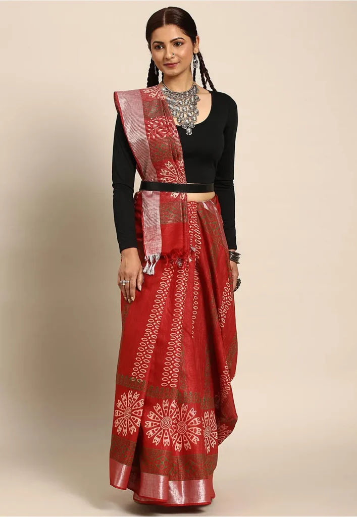 Block Printed Art Silk Saree in Red