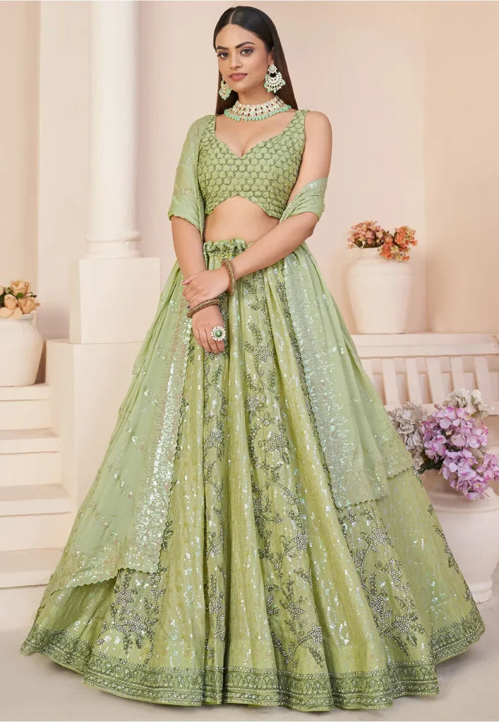 embroidered georgette lehenga in green v1 lav58