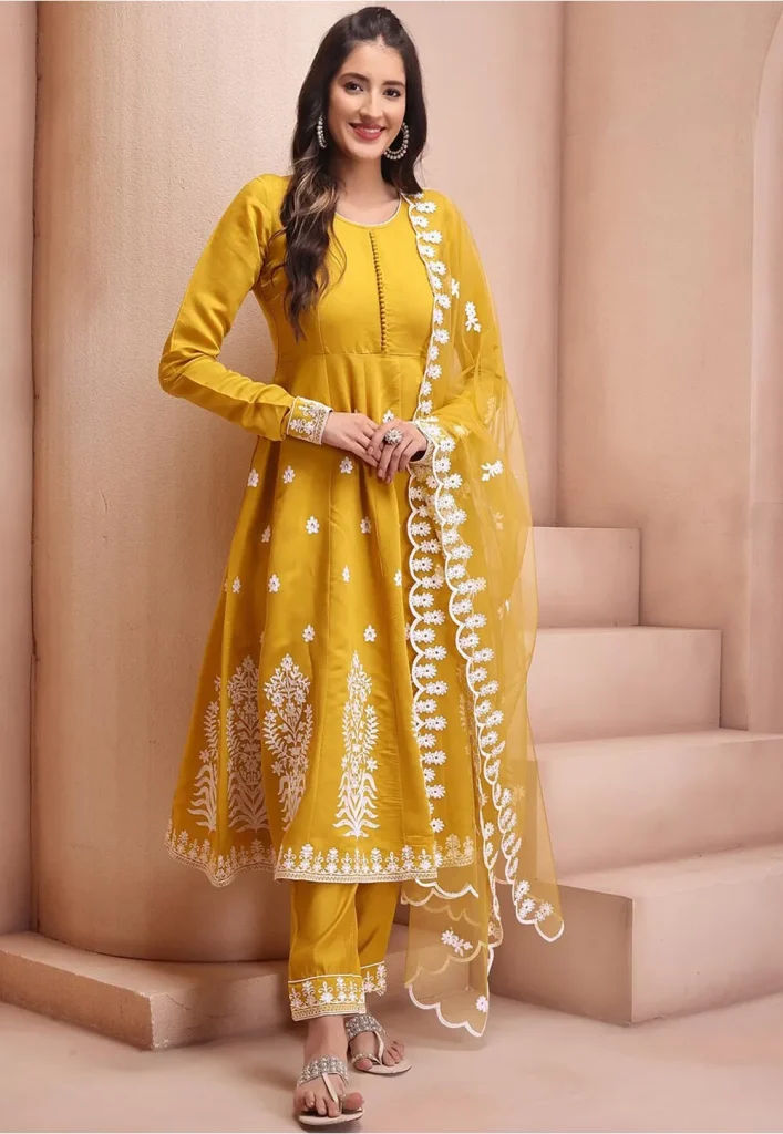 Embroidered Viscose Rayon Anarkali Suit Mustard