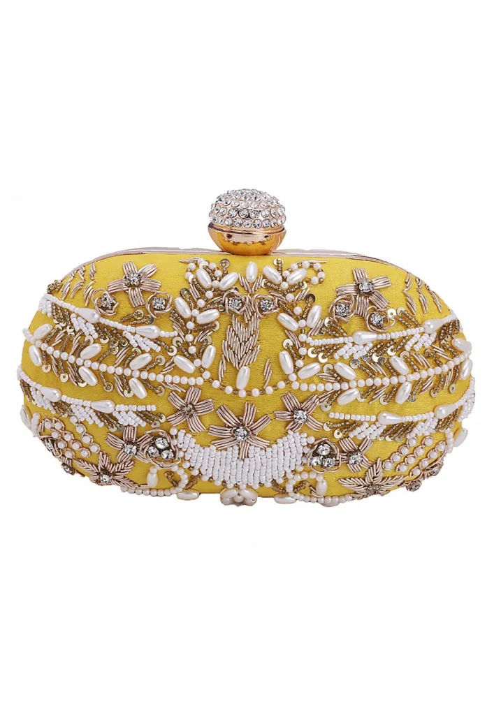 Hand Embroidered Art Silk Clutch Bag in Yellow