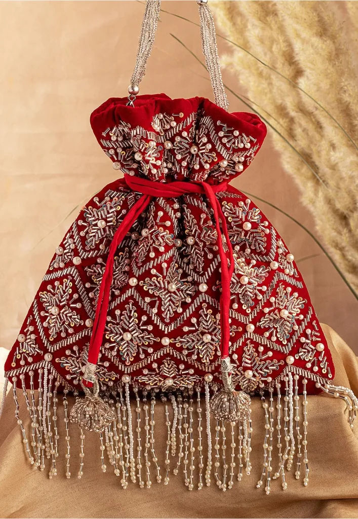 Hand Embroidered Velvet Potli Bag in Red