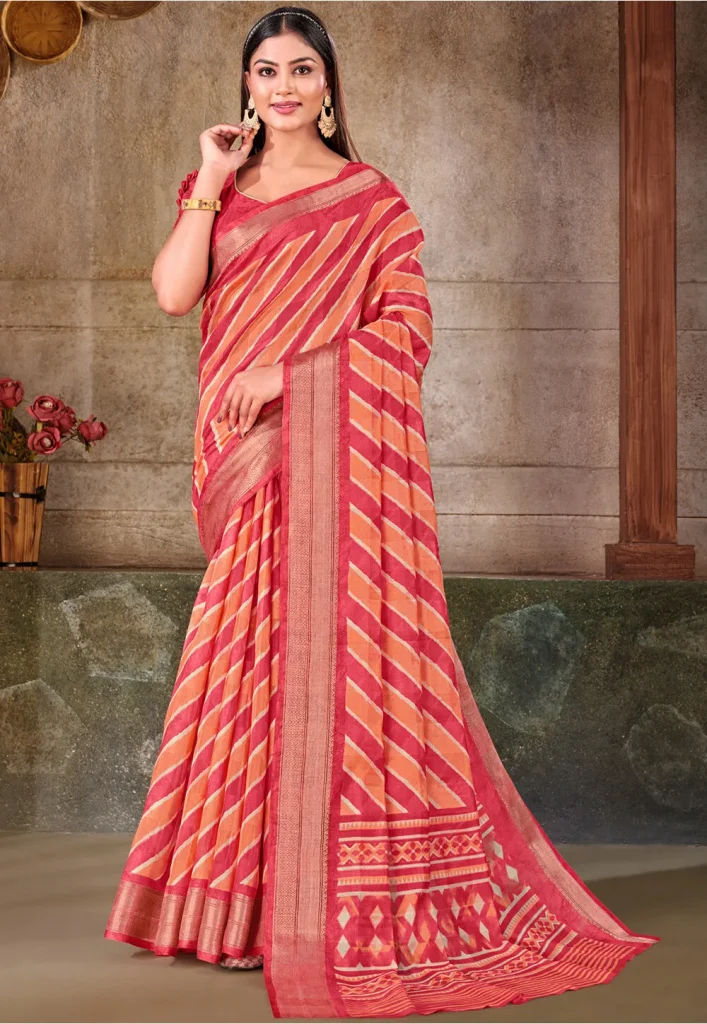 Leheriya Printed Cotton Silk Saree in Pink and Orange
