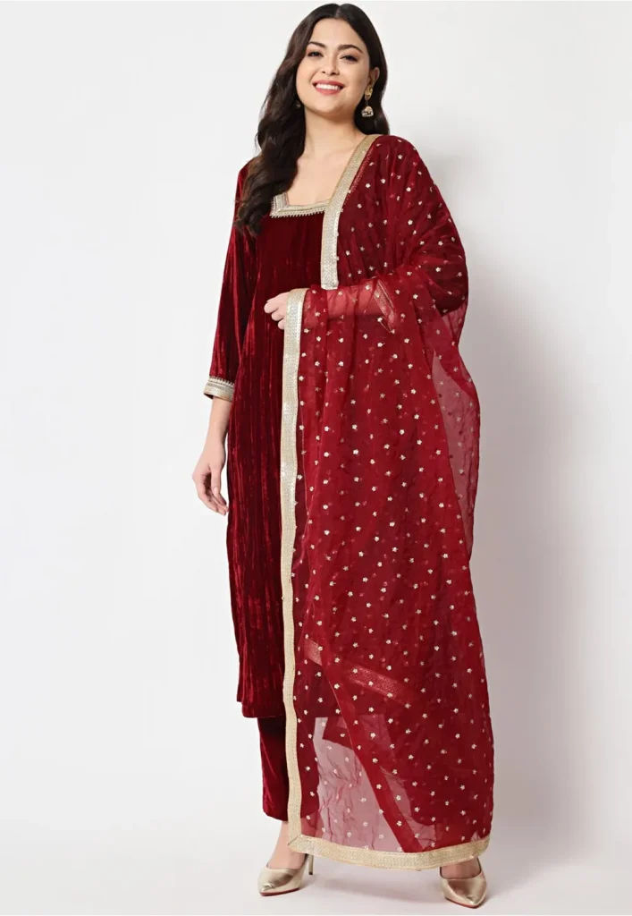 Embellished Neckline Velvet Pakistani Suit in Maroon