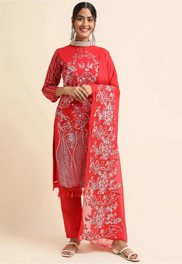 Embroidered Georgette Pakistani Suit in Red