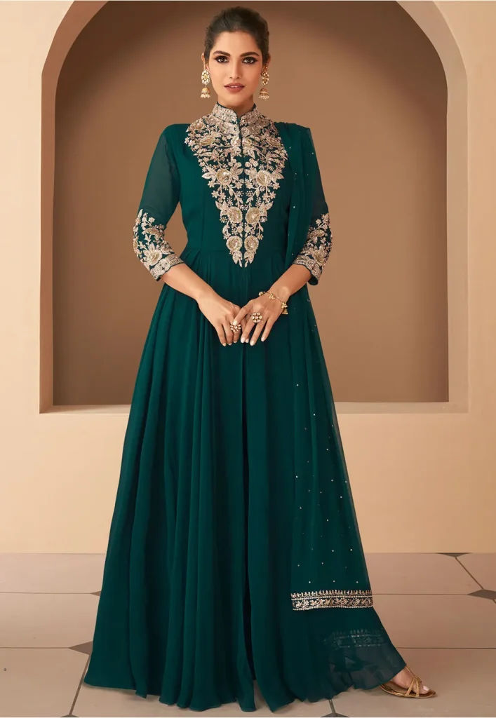 Hand Embroidered Georgette Abaya Style Suit in Teal Green