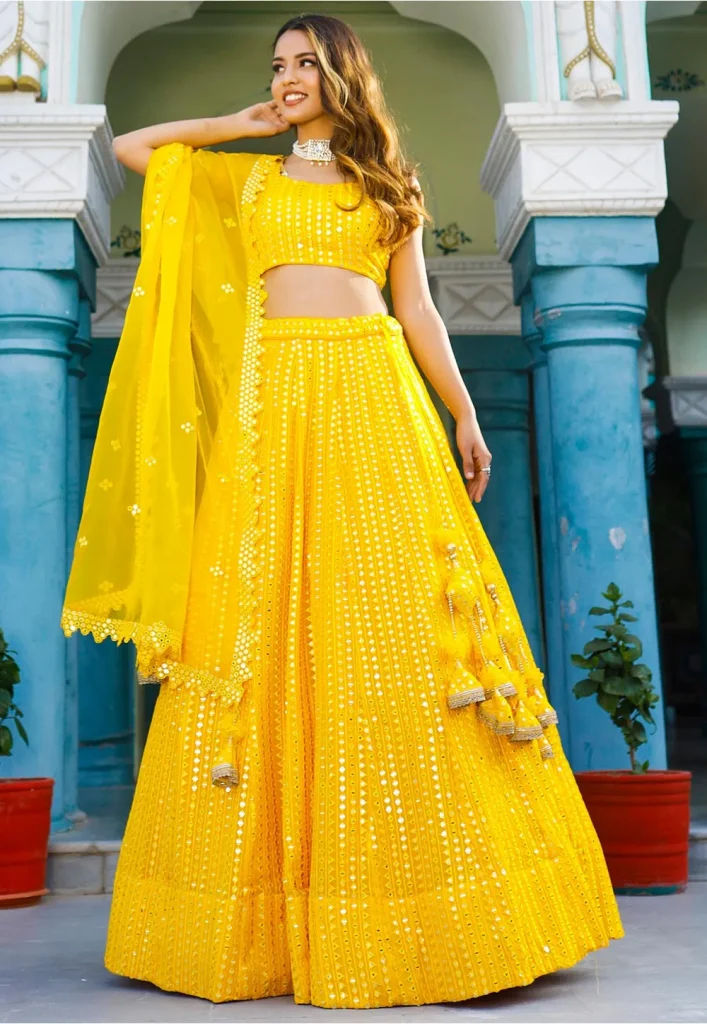 embroidered georgette lehenga in yellow v1 ljn1653