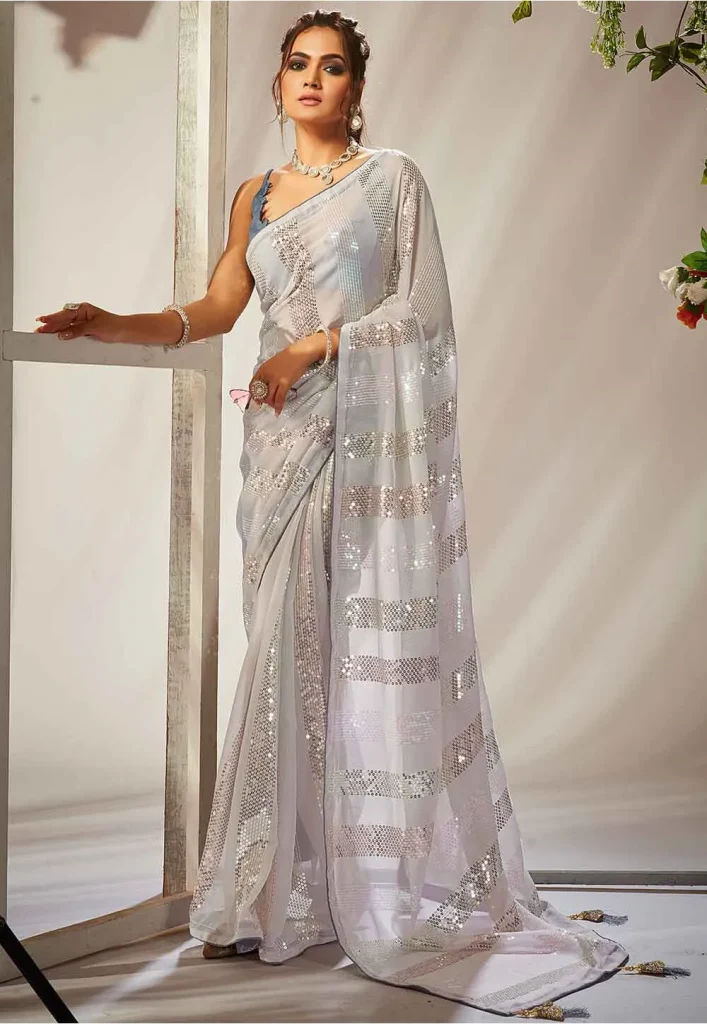 Sequined Georgette Saree in White – Common Kiwi