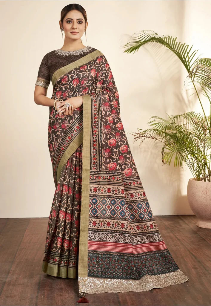 Ajrakh Printed Art Silk Saree in Brown