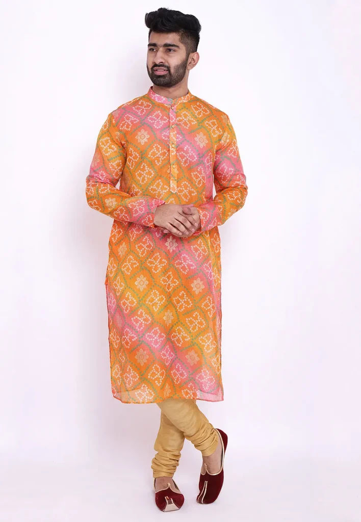 Bandhej Kota Silk Kurta in Shaded Orange and Pink