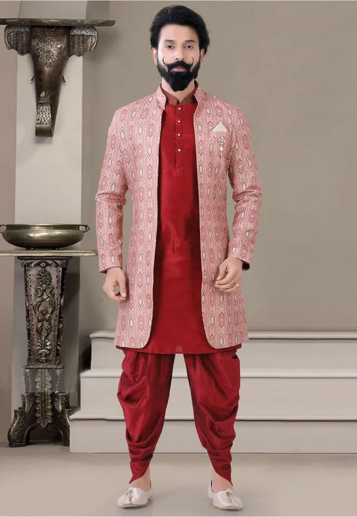Digital Printed Art Silk Dhoti Kurta in Red