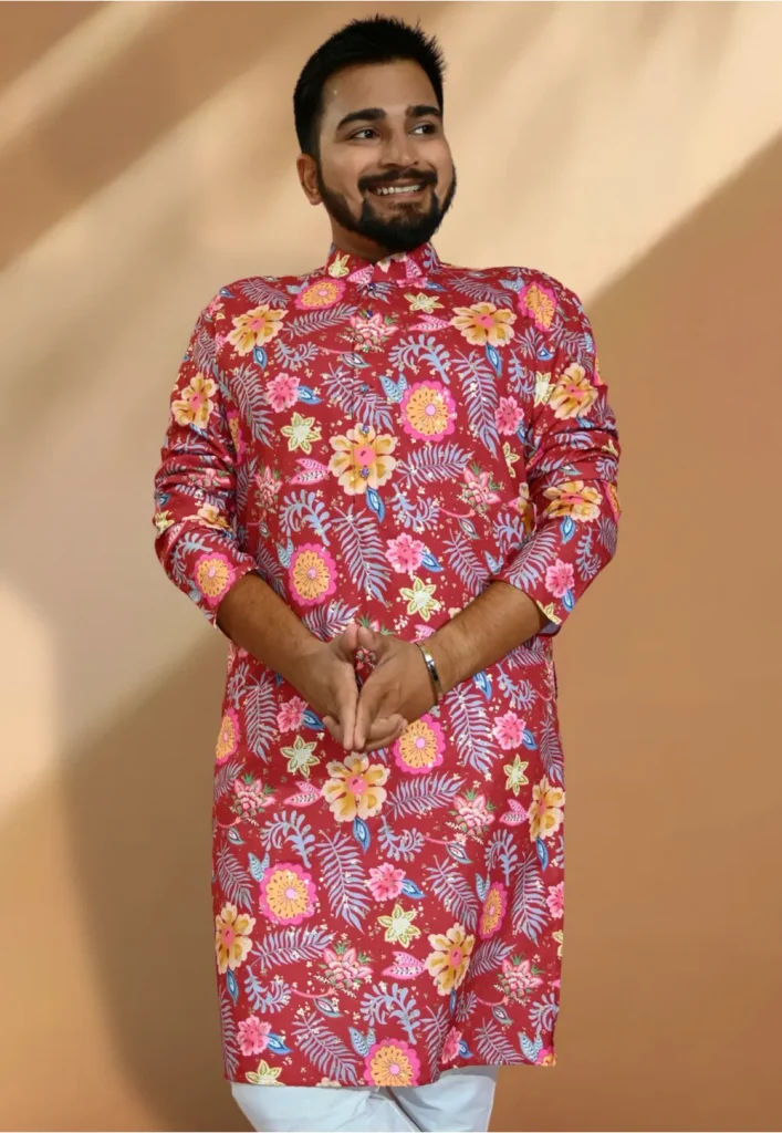 Digital Printed Cotton Kurta in Red
