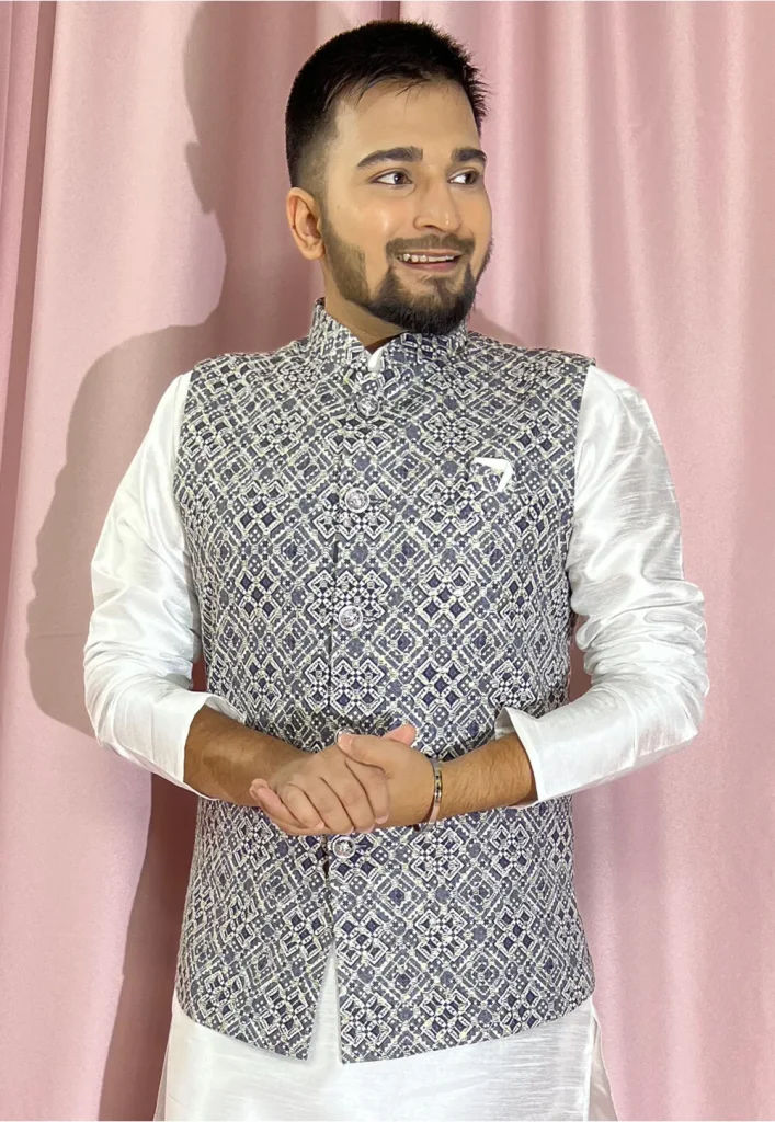 Digital Printed Rayon Nehru Jacket in Navy Blue
