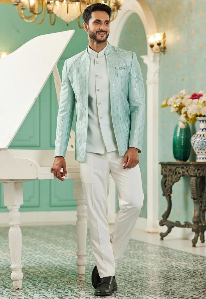 Embroidered Art Silk Jodhpuri Suit in Light Green