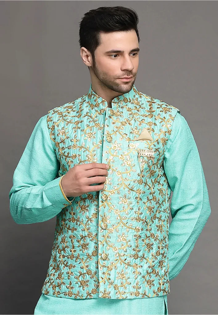 Embroidered Art Silk Nehru Jacket in Light Blue