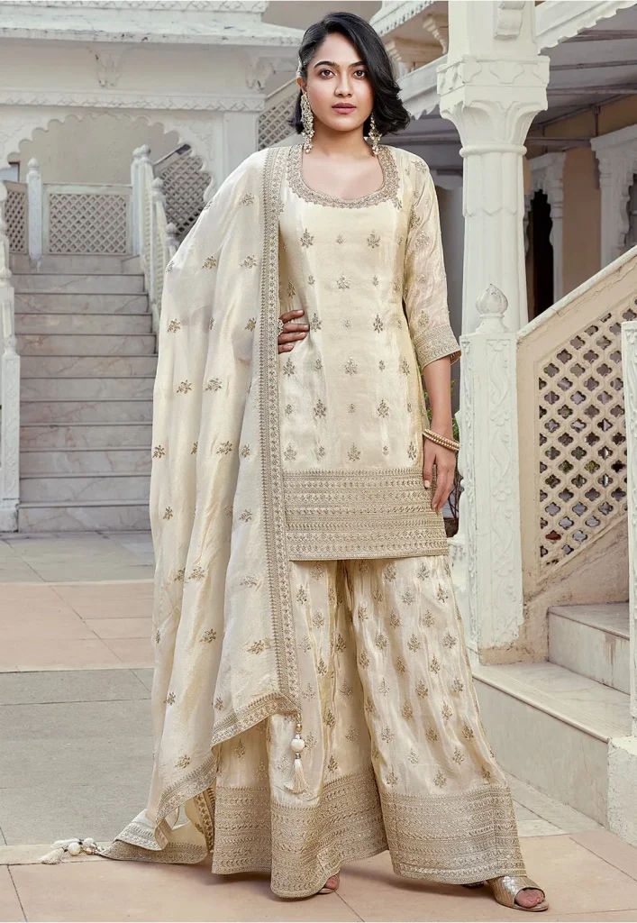 Embroidered Art Silk Pakistani Suit in Cream