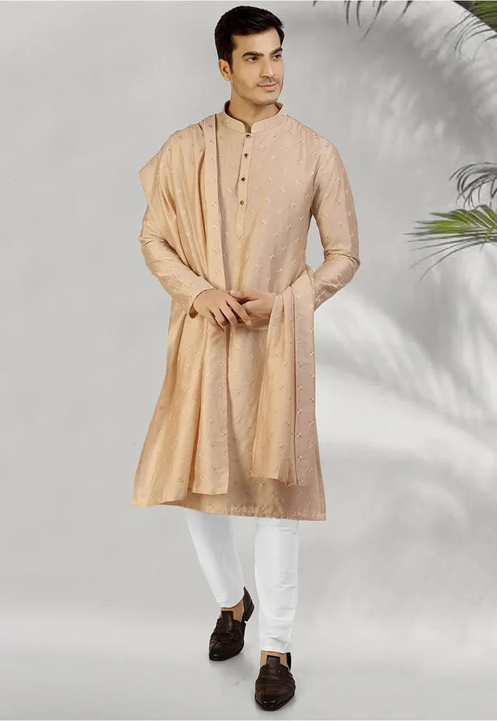 Embroidered Chanderi Silk Kurta Pyjama in Beige