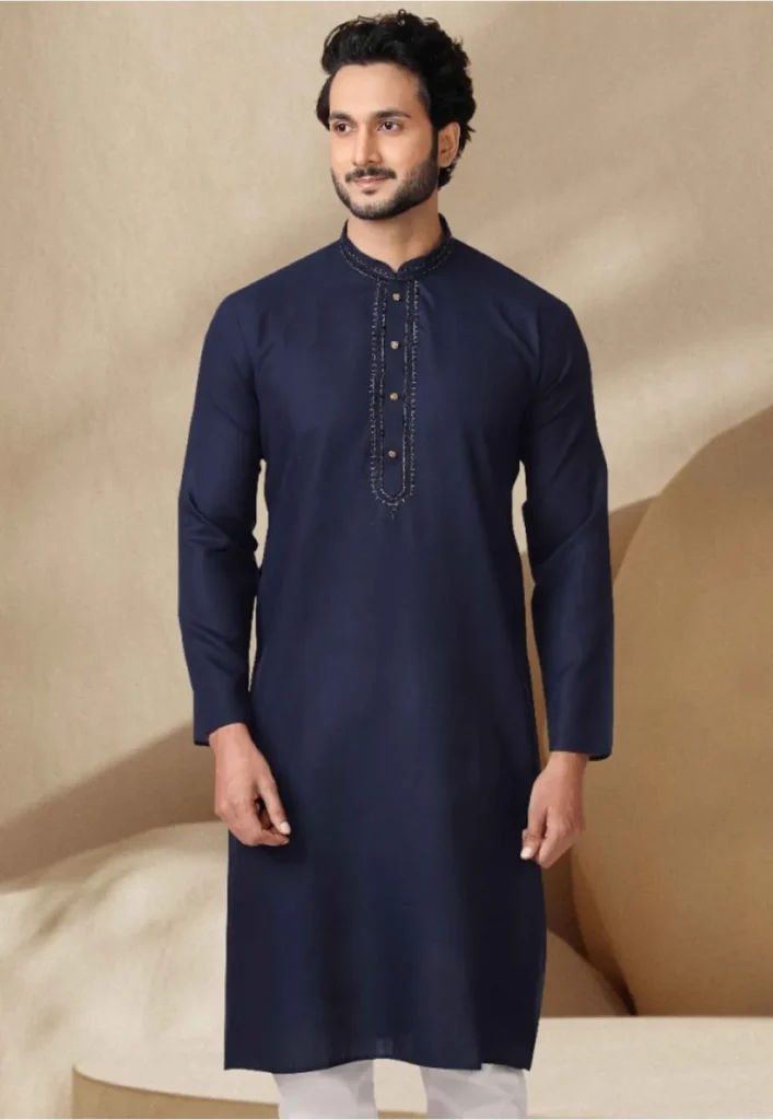 Embroidered Cotton Kurta in Navy Blue
