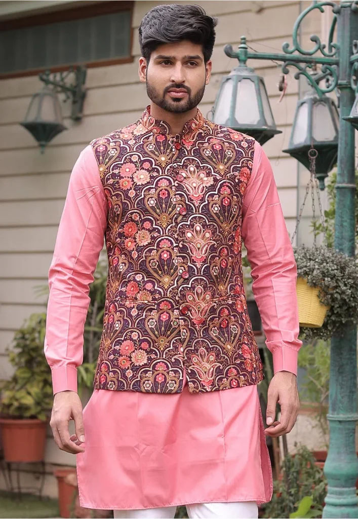 Embroidered Georgette Nehru Jacket in Wine