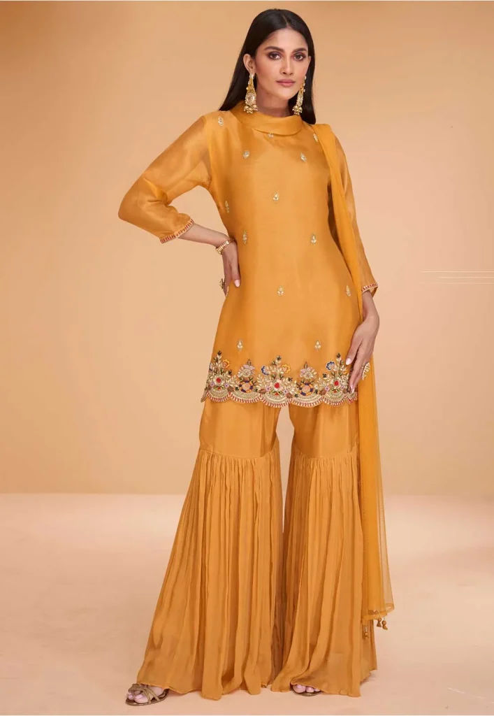 Embroidered Organza Silk Pakistani Suit in Mustard