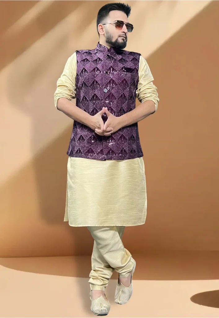 Embroidered Velvet Nehru Jacket in Wine