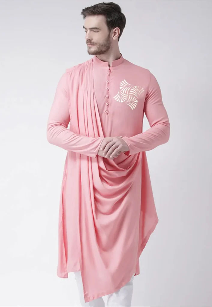 Foil Printed Cotton Asymmetric Kurta in Pink