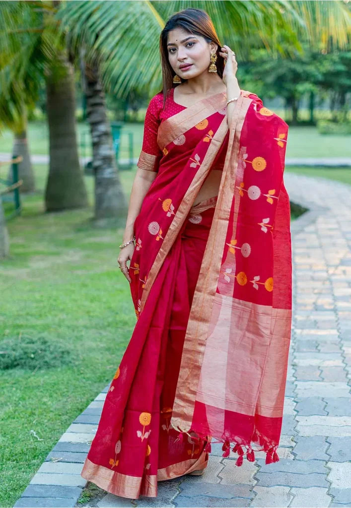 Jamdani Linen Cotton Saree in Maroon