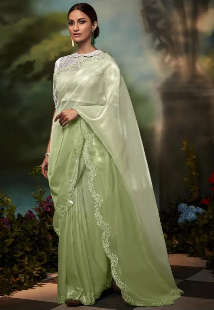 Ombre Organza Shimmer Scalloped Saree in Pastel Green