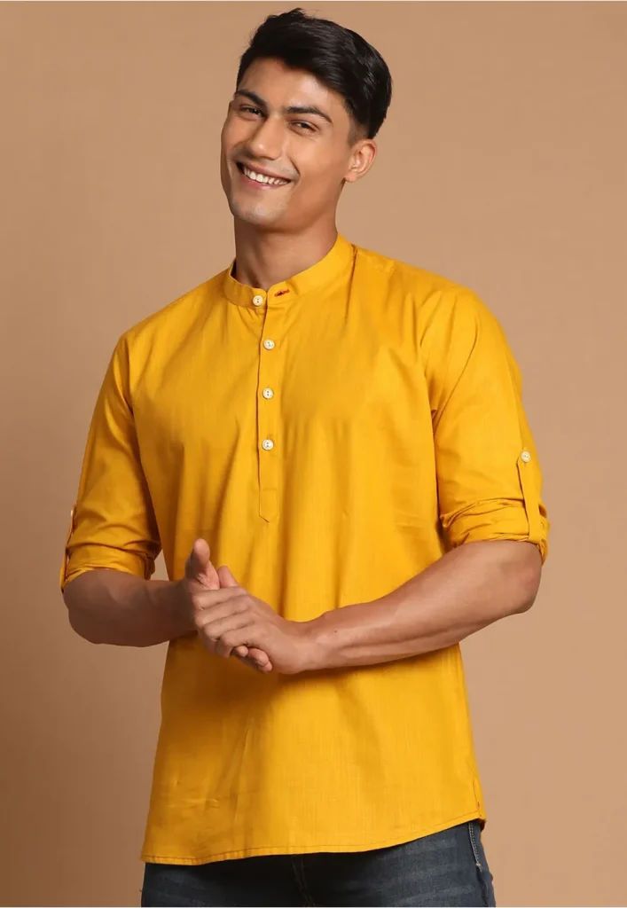 Solid Color Cotton Short Kurta in Mustard