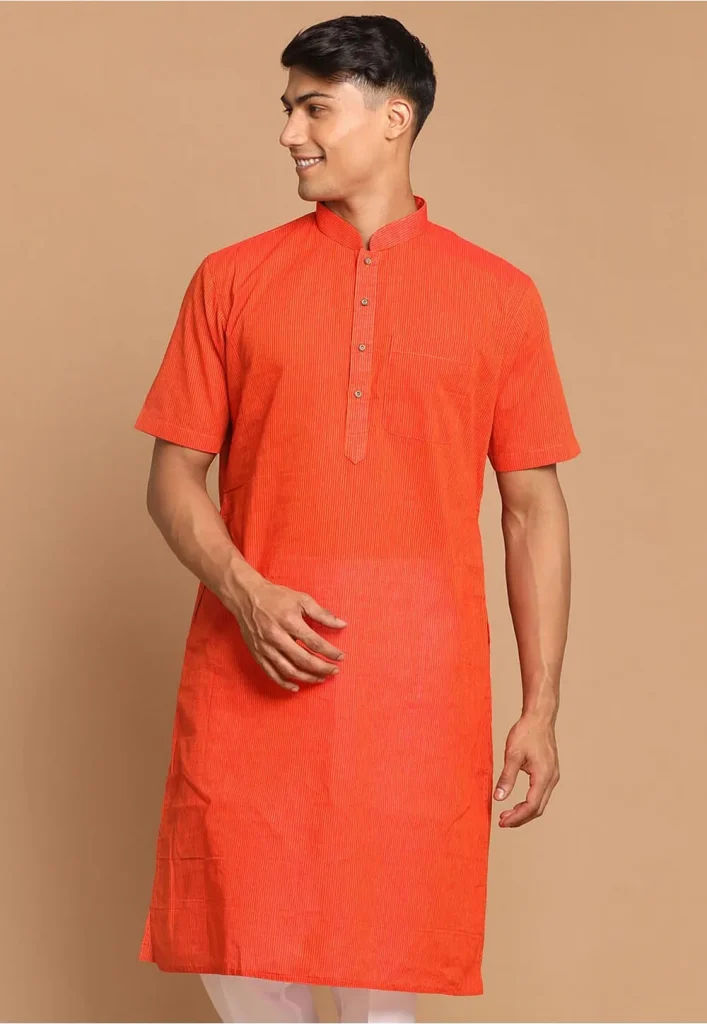 Stripe Printed Pure Cotton Kurta in Orange