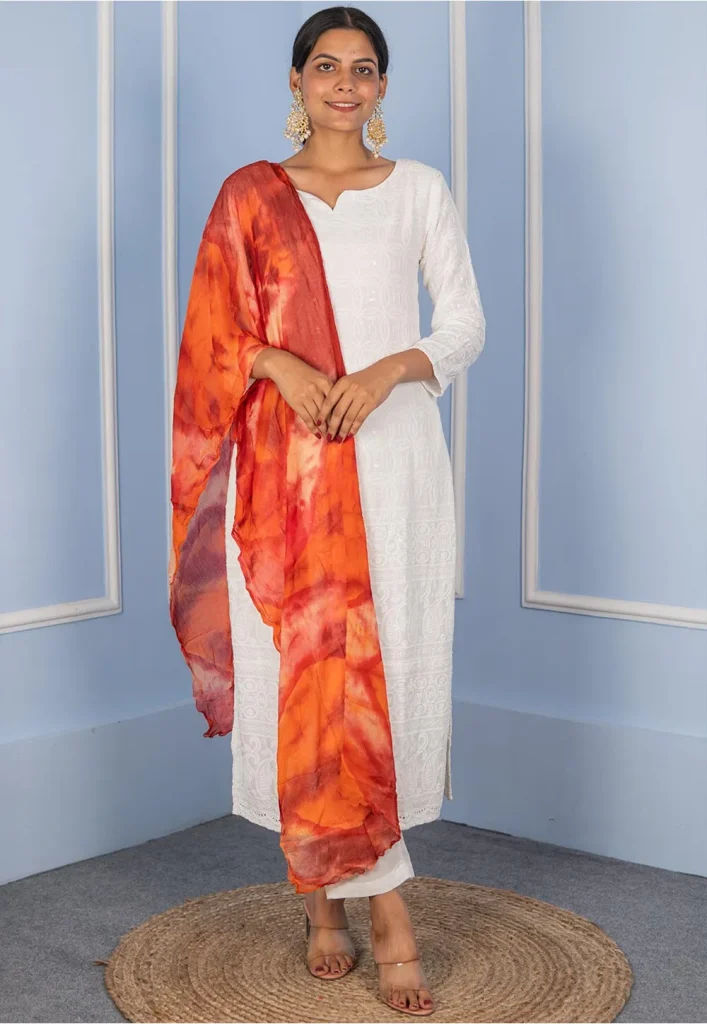 Tye N Dye Printed Chiffon Dupatta in Orange