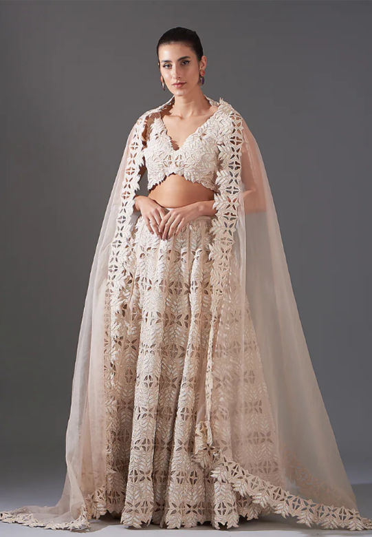 Arrv's Ivory Crepe Cutwork Embroidered Lehenga Set