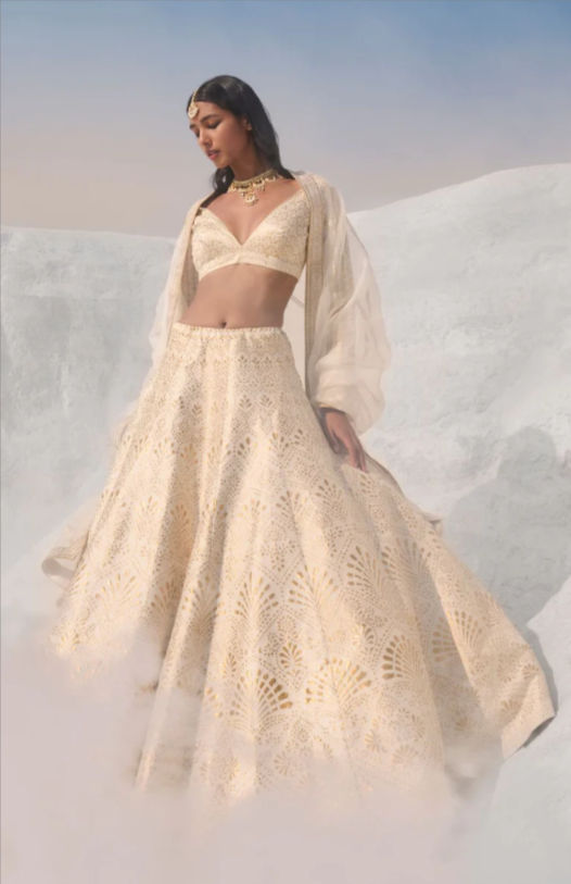 Seema Gujral’s Cream Gold Cutwork Set