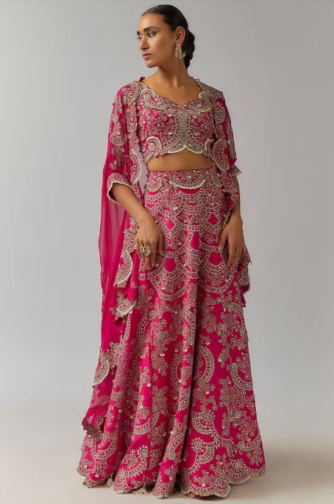 Nupur Khanoi’s Fuchsia Georgette & Silk Mirror Cutwork Embroidered Jacket Lehenga Set