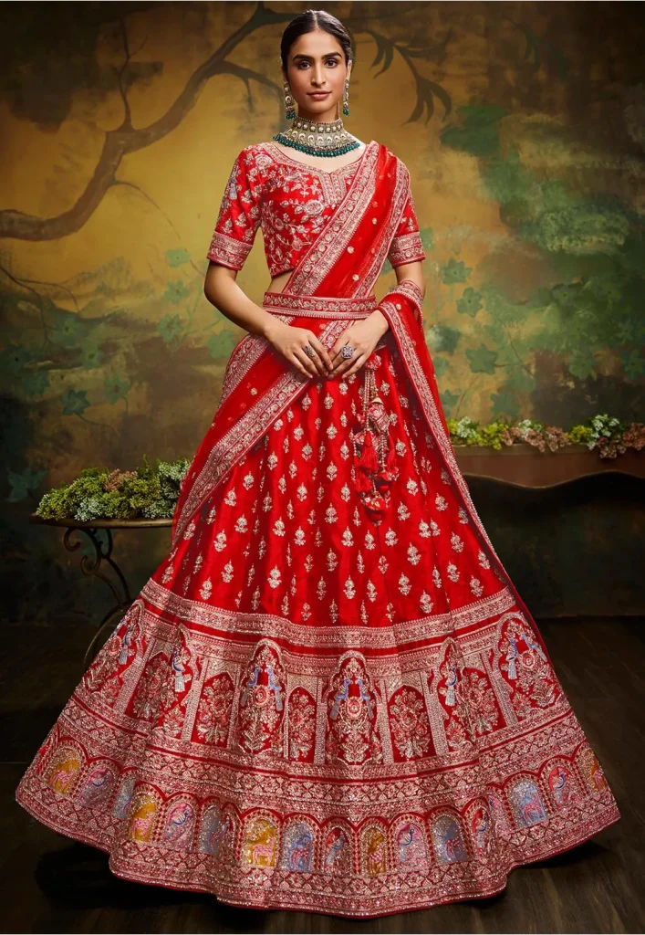 Embroidered Art Silk Lehenga in Red