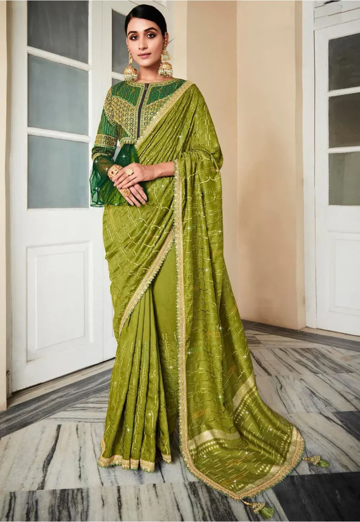 Embroidered Art Silk Scalloped Saree in Olive Green