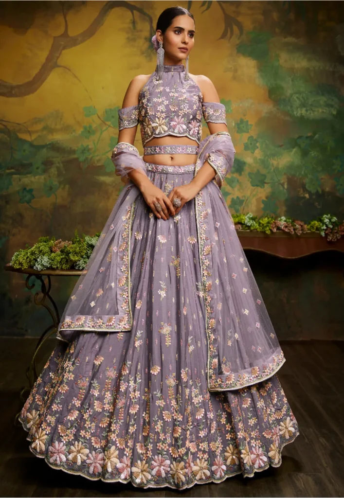 Embroidered Georgette Lehenga in Purple