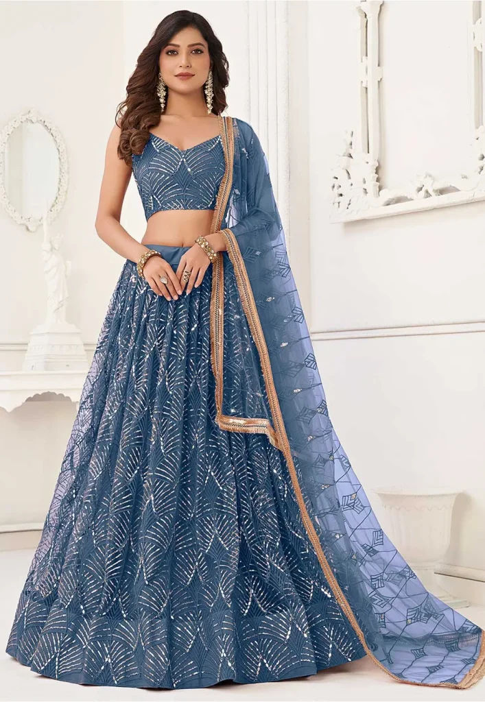 Embroidered Net Lehenga in Blue