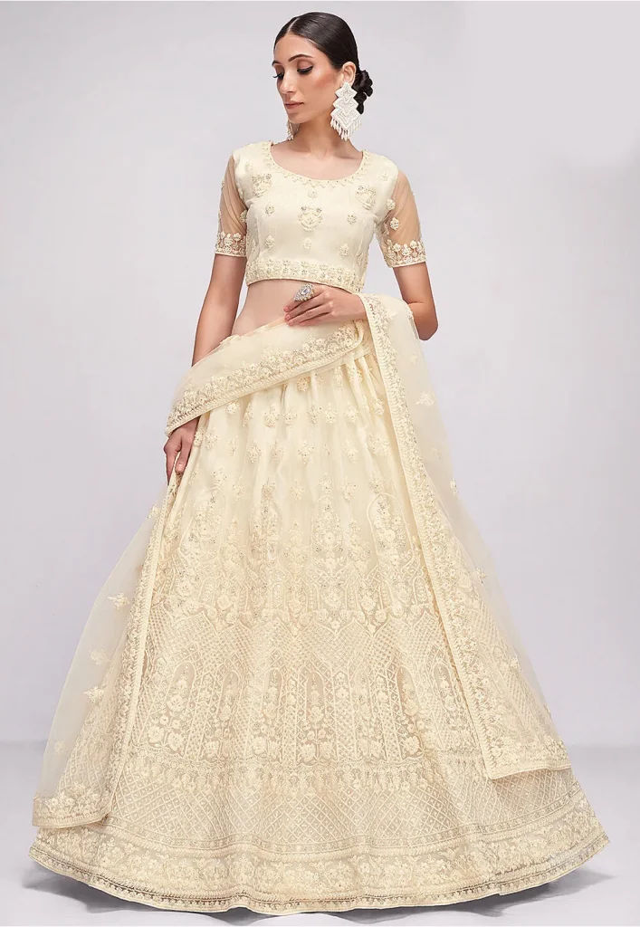Embroidered Net Lehenga in Off White