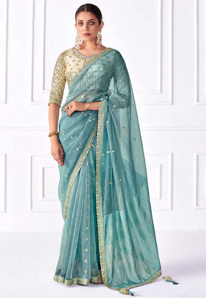 Embroidered Organza Saree in Blue